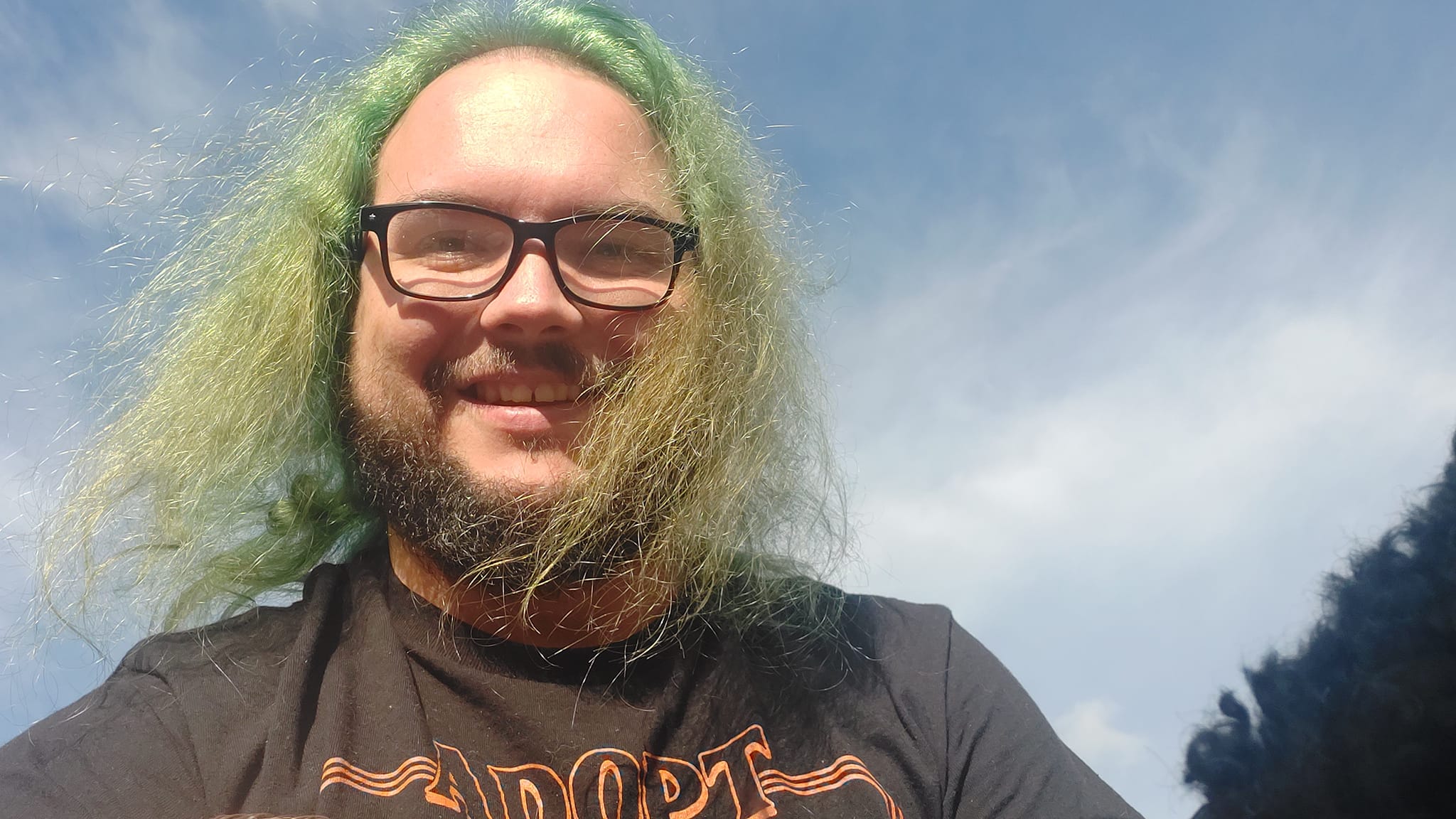 A man with green hair and a beard is outside with the sky in the background